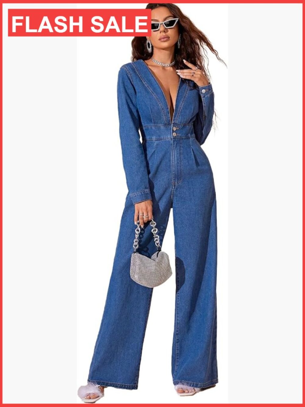 Deep V High Waist Wide Leg Denim Jumpsuit Long Sleeve Sexy Romper